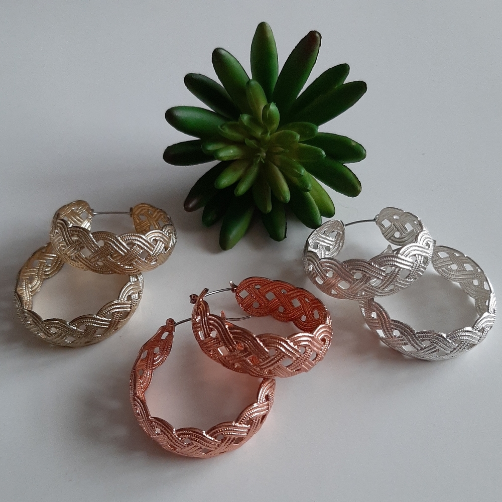 Goldtone, Silvertone & Rosetone Textured Woven Design Fashion Hoop Earrings Set